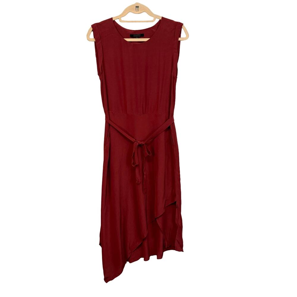 All Saints Cecilia Dress Womens 6 Red Asymmetrical Hem Belted Tie Silk Blend
